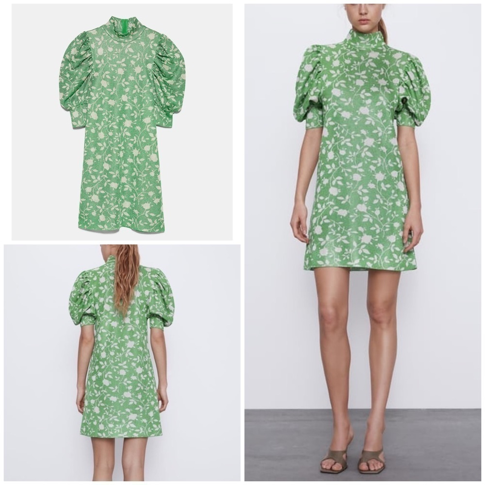 NWT Zara Green floral Climbing Vines Floral JACQUARD Puff Sleeves Shift Dress S